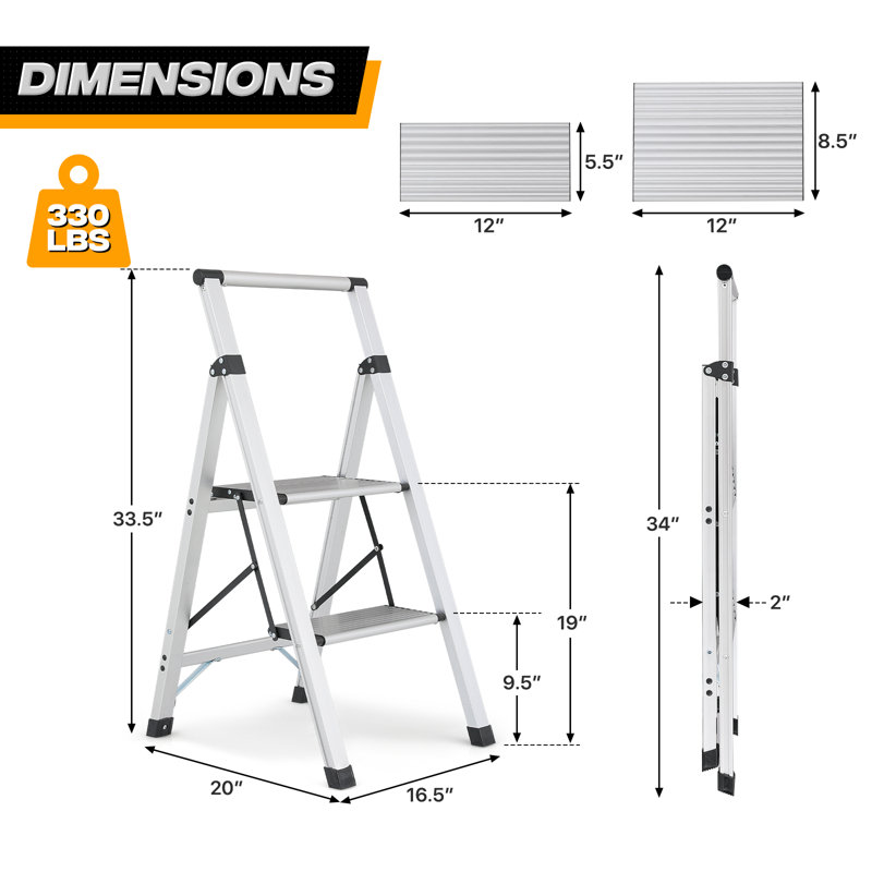 Tabouret pliant en échelle à 2 marches avec poignée, large marchepied plateforme, pieds antidérapants, capacité de charge de 330 lb