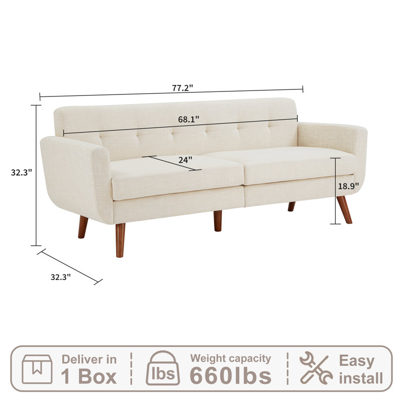 77.2" W Linen Sofa Couch, Mid Century Modern Decor Loveseat Couches For Living Room, Button Tufted Upholstered Small Couch For Bedroom