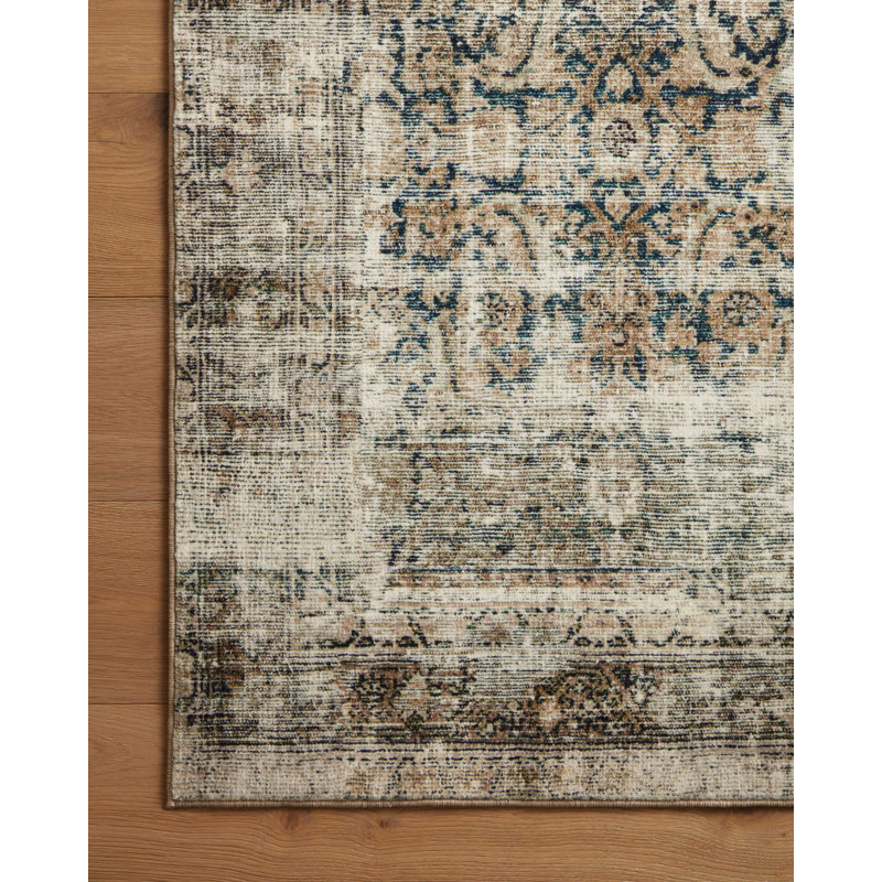Navy and Sand Wool Runner Rug with Vintage Design