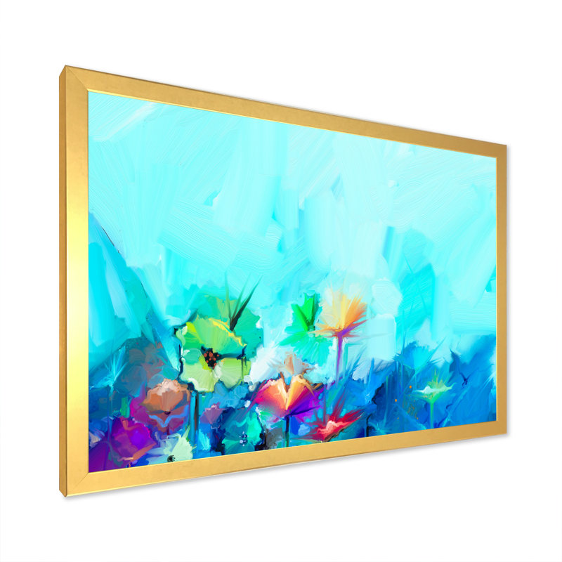 «Paintbrush Turquoise Floral Summer Impression», reproduction sur toile flottante, H 16 po x l 32 po x P 1 po, Cadre doré
