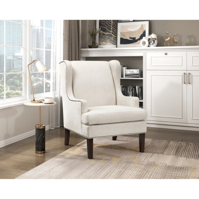 Chaise d'appoint beige, revêtement en tissu texturé, siège à coussin en mousse, chaise de salon à garniture cloutée avec coussin, accoudoir garni