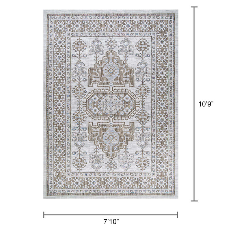 Hanlin Floral Flatweave Ivory Light Brown Sand Indoor Outdoor Area Rug, Rectangle 7'10" x 10'9"