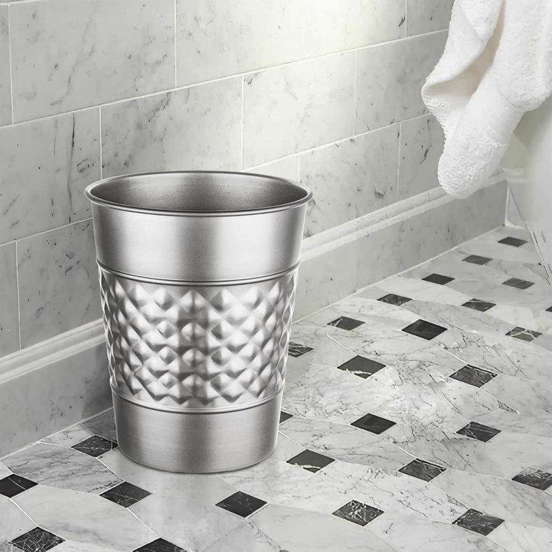 Silver Geometric Embossed Metal Waste Basket