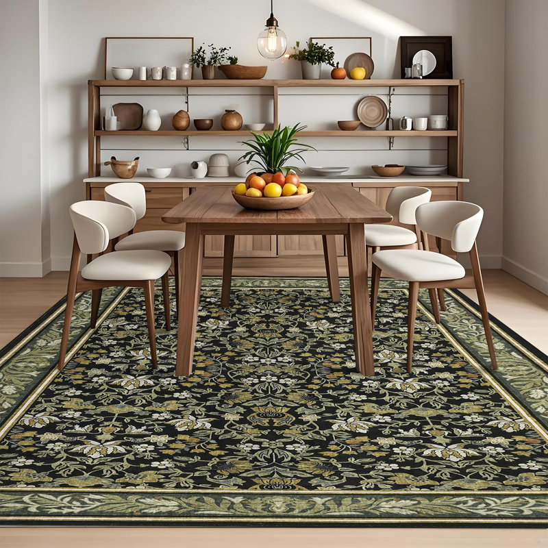 Floral Area Rugs for Living Room Washable Non Slip Vintage Bedroom Rug Farmhouse Dining Room Home Decor Rug, Green