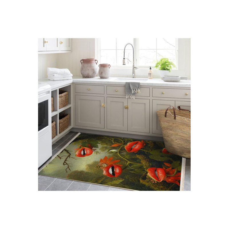 Tapis décoratif moderne vert et rouge à motif de fleurs et d'oiseaux, Sous-tapis rectangulaire 5 pi 1 po x 7 pi 7 po inc