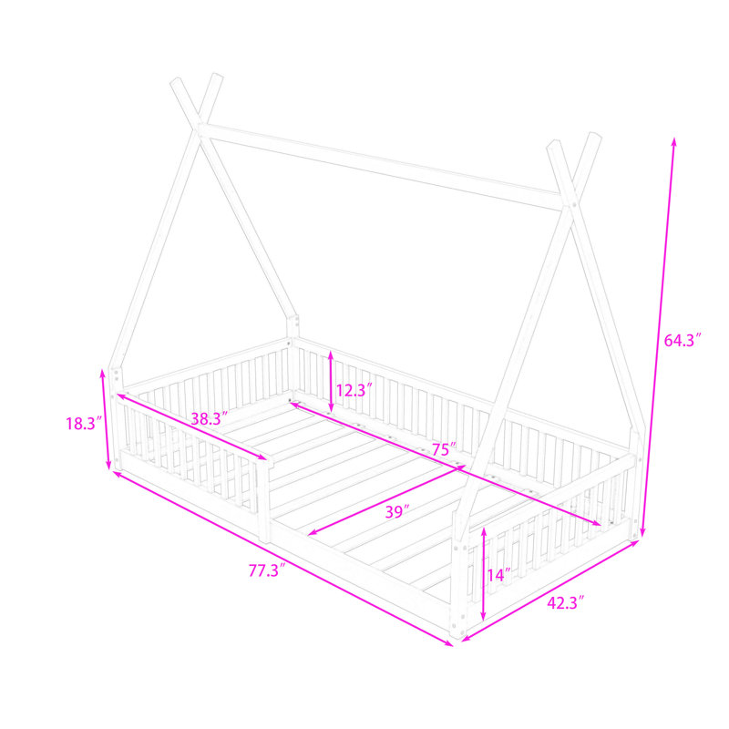 Twin Wood House Bed With Guardrails, House-Shaped Design, White