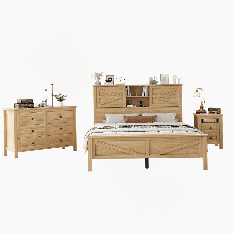 3-Pieces Bedroom Sets Queen Size Farmhouse Platform Bed With Double Sliding Door Storage Headboard And Charging Station, Storage Nightstand And Dresser, Natural