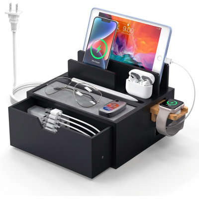 Charging Station Dock with Charger HUB and Cables, Nightstand Docking Station with Lined Tray & Drawer for Multi Device, Compatible with Tablet, Cell Phones, Watch & Earbuds, Black
