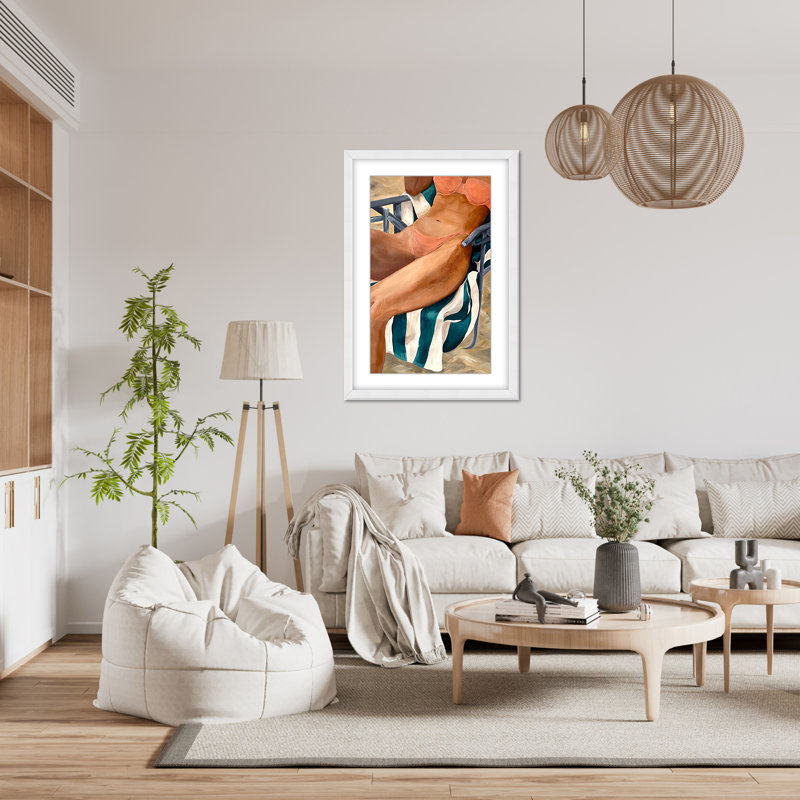 Coastal Retreat Riviera Retreat: Woman Lounging On Beach Towel And Chair, 48" H x 32" W x 1.125" D, Framed Matted Print