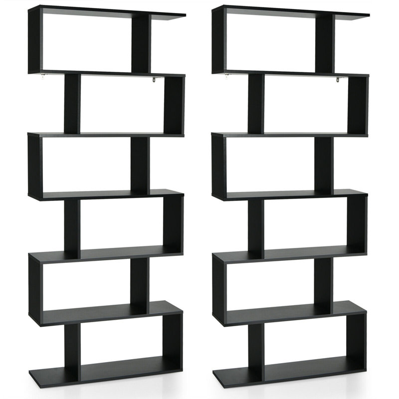 75''H X 31.5''W 2 PCS 6 Tier S-Shaped Bookshelf Storage Display Bookcase Decor Z-Shelf, Black