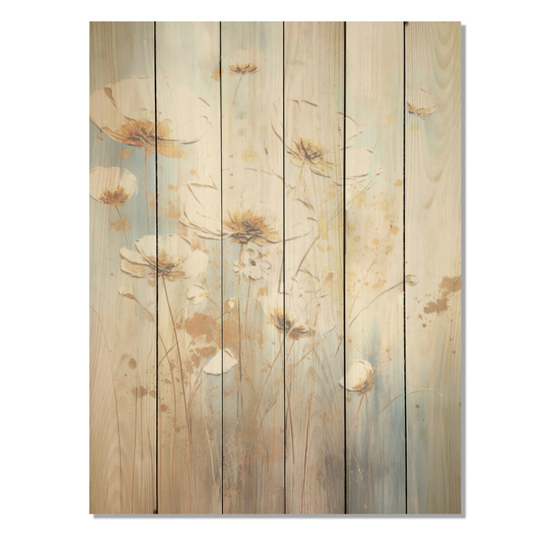 Élégance florale beige et fleurs sauvages - panneau mural en bois sur bois de pin naturel, H 32 po x l 24 po