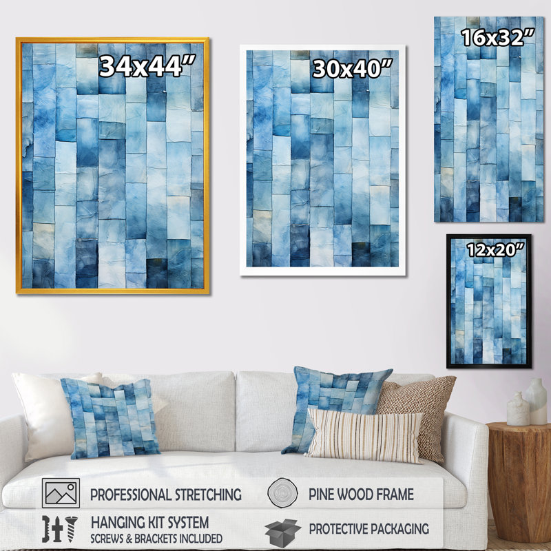 Carreaux scandinaves blancs et bleus V - art mural abstrait, Toile tendue, H 32 po x l 16 po x P 1 po