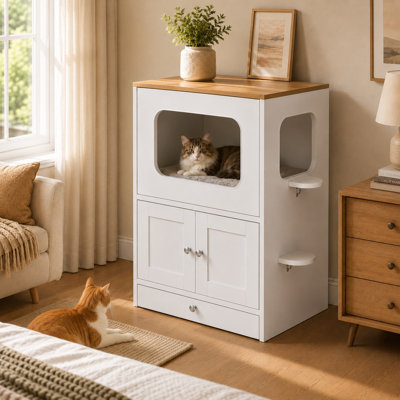 31.5" H 3-Tier Wooden Cat Cabinet with Hidden Litter Box & Feeding Drawer, White