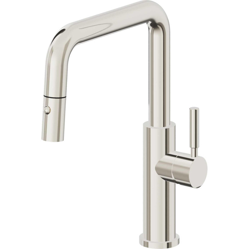 Corsano Contemporary Pull Down Kitchen Faucet with Button Sprayer Quad Spout and ST Series Handle, Polished Nickel