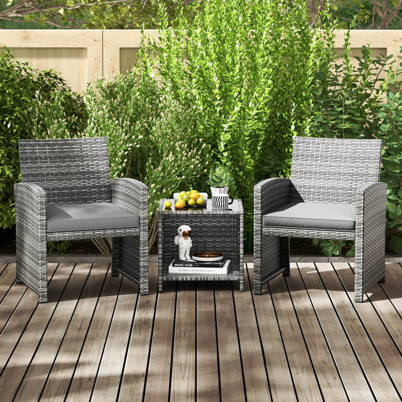 Ensemble de meubles de patio 3 pièces avec table basse en verre trempé et coussins de siège souples beige, Gris