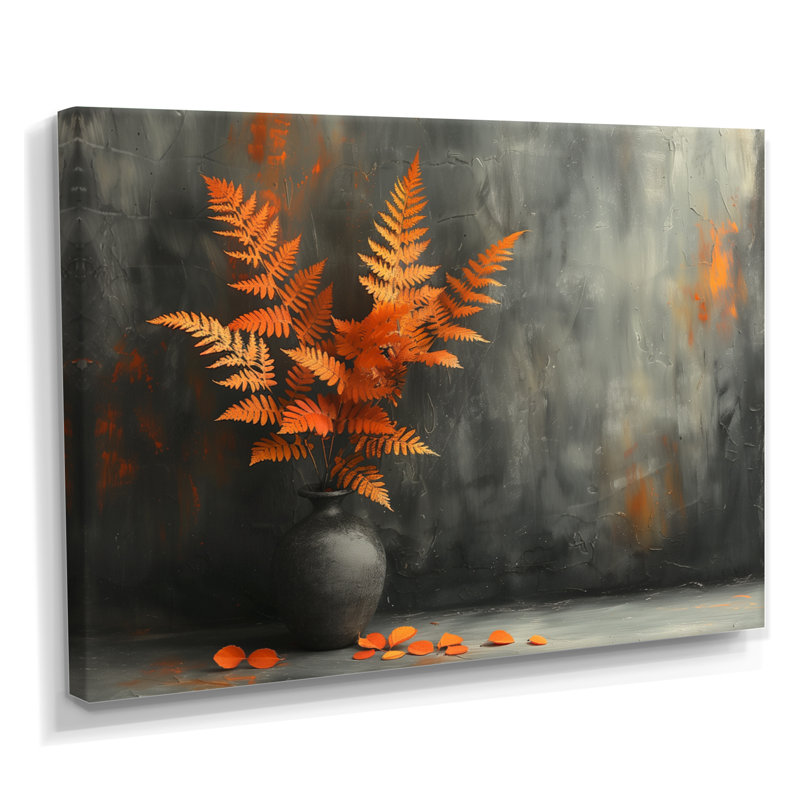 Fougère orange, gris, charme rustique - fougères, art mural, H 12 po x l 20 po x P 1 po, Toile tendue