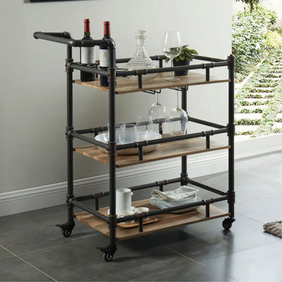 Industrial Style Antique Black Inspired Design Natural Oak 1Pc Serving Cart 3-Tier Server W Wheels by Trent Austin Design