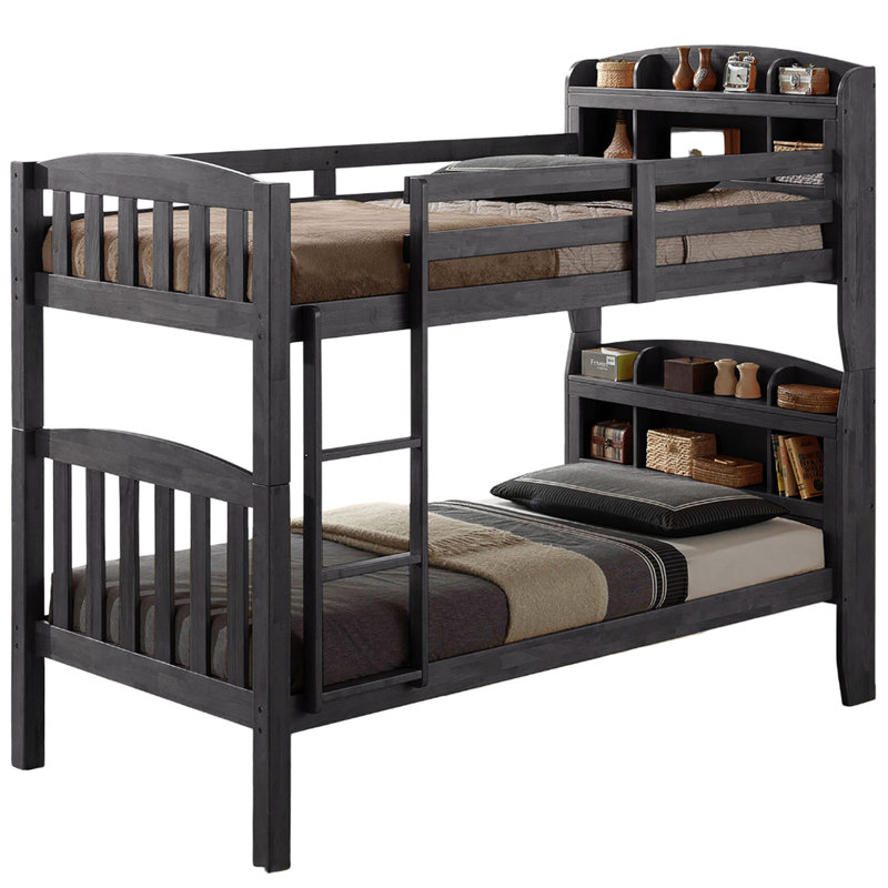 Lit simple superposé au-dessus gris avec finition transitionnelle, bois massif et bois d'ingénierie, têtes de lit bibliothèque, style gris, avec lattes et design convertible