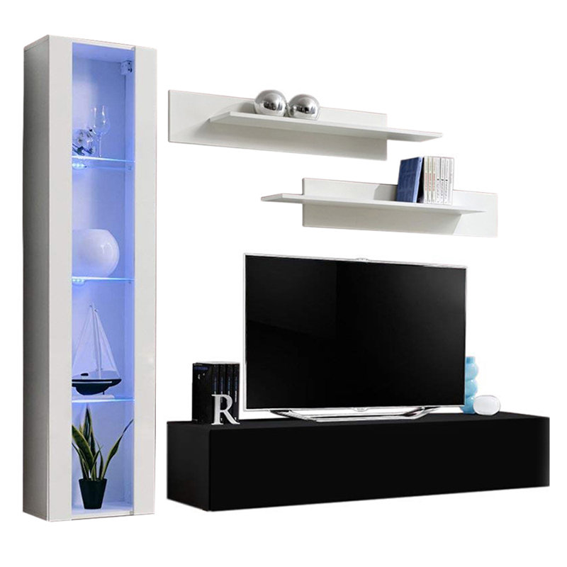 Wabasso 85" Modern Floating Wall Mounted Entertainment Center with 16-Color LED Lighting, High Gloss Finish, White/Black