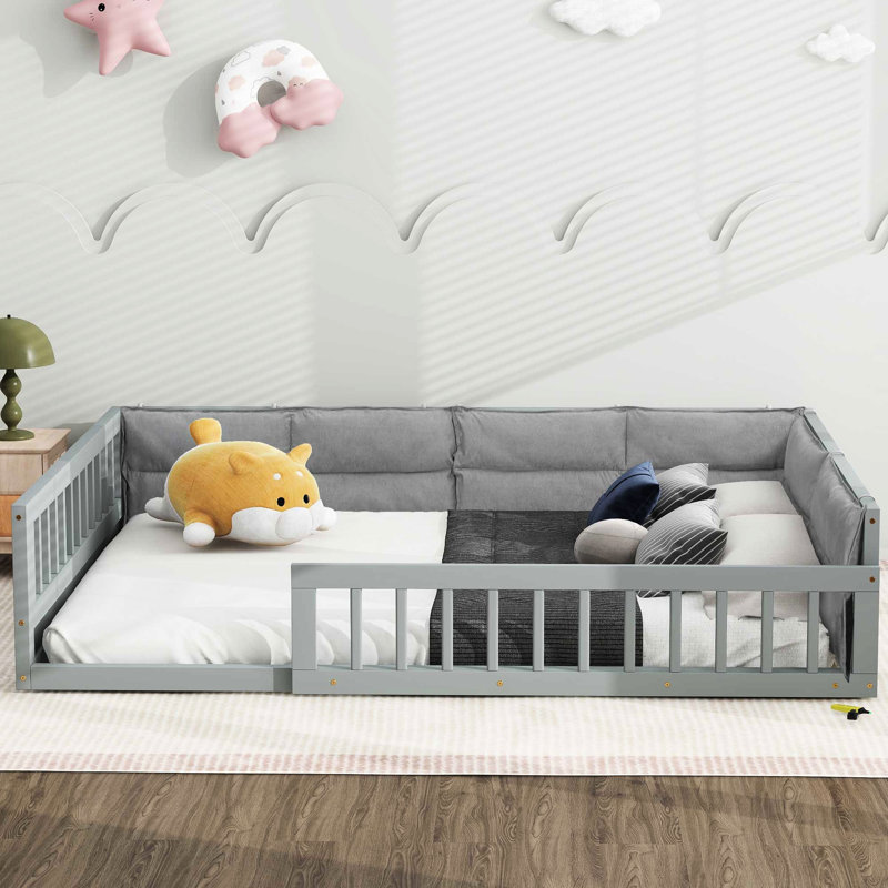 Lit double en bois pleine grandeur avec garde-corps et coussin confortable gris - Améliore la qualité de l'air de la chambre à coucher.