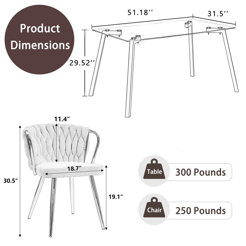 51in Rectangle Glass Top Dining Set, 5, Black