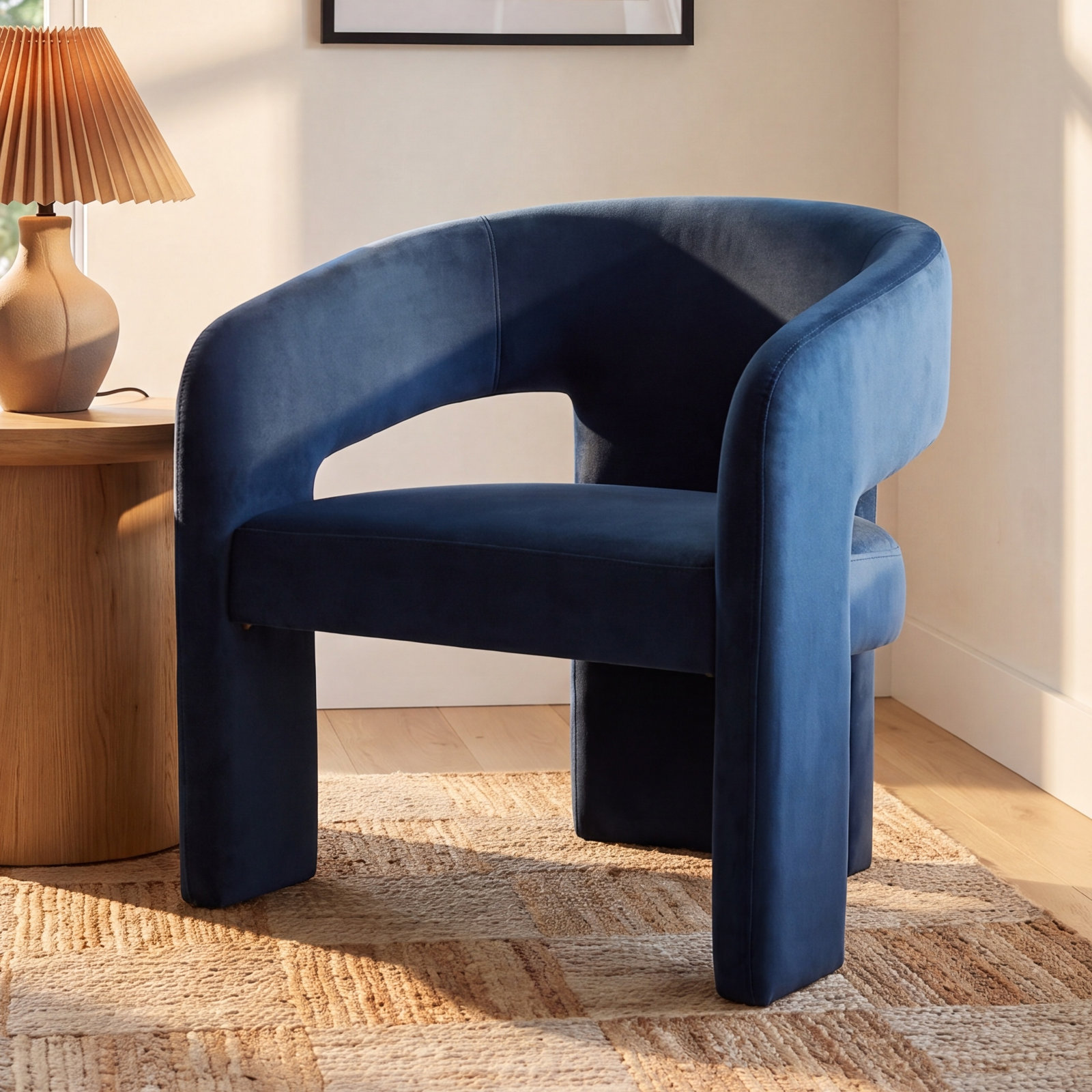 Ashlyn Pine Armchair, Navy Velvet