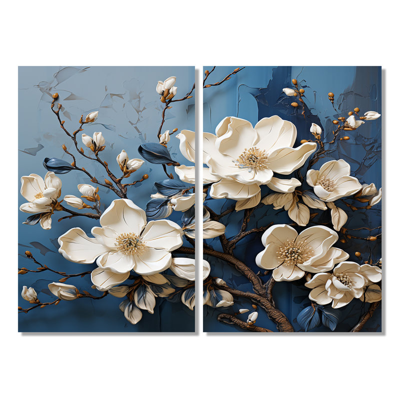 Décoration murale bleu et blanc Magnolia en fleurs I - Magnolias floraux, 36" H x 48" W, Wrapped Canvas, Ne s’applique pas