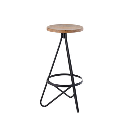Spiroa 30" Modern Natural Brown & Black Wood Backless Bar Stool, Armless Iron Geometric Frame with Integrated Footrest for Home Bar & Kitchen Island
