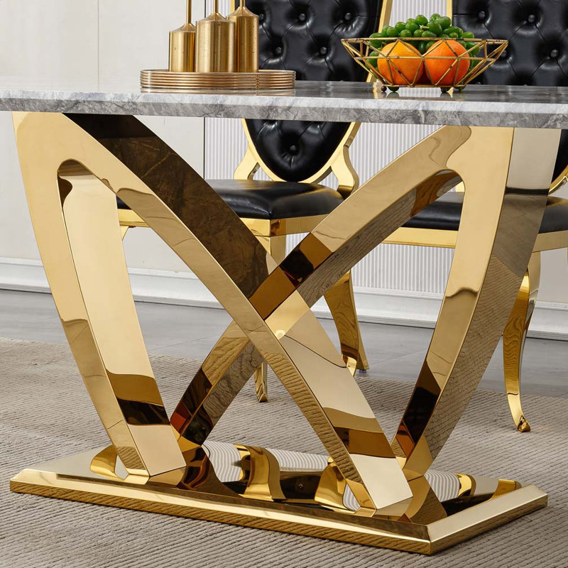 Table de salle à manger avec base en acier inoxydable, pour 6 personnes,, Doré, Gris