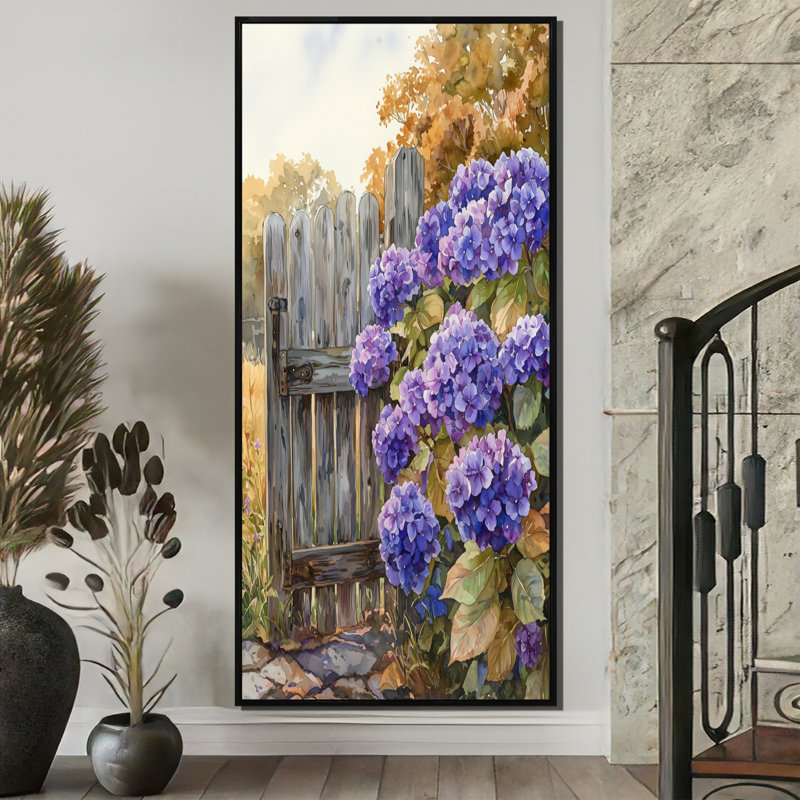 Demi Summer Hydrangeas By The Farm Fence II - Hydrangea Wall Art, H 60 po x l 28 po, Noir
