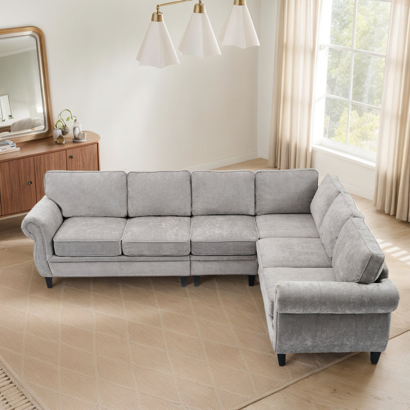 Canapé modulaire d'angle en L, Chenille gris pâle