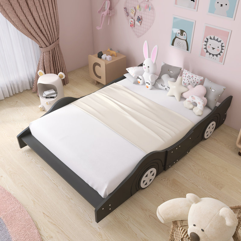 87'' Full Size Race Car-Shaped Platform Bed With Wheels, Black