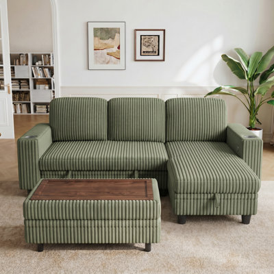 Sherry 81'' Upholstered L Shaped Modular Sectionals with Ottoman, Pull-out Sofa & Storage Chaise