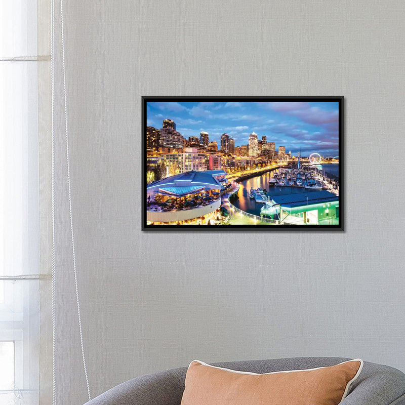 " Harbour And City At Dusk, Seattle, USA " by Matteo Colombo, 18" H x 26" W x 1.5" D, Black Framed Canvas