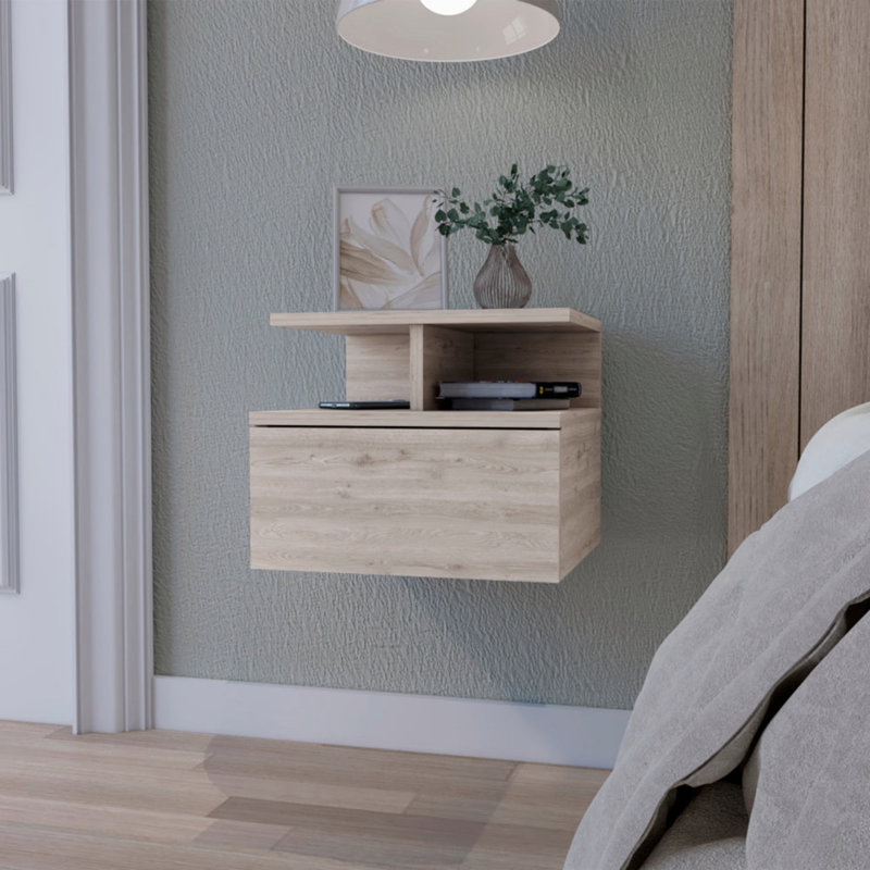 Table de chevet flottante 14 tiroirs en bois 14 po, Gris clair