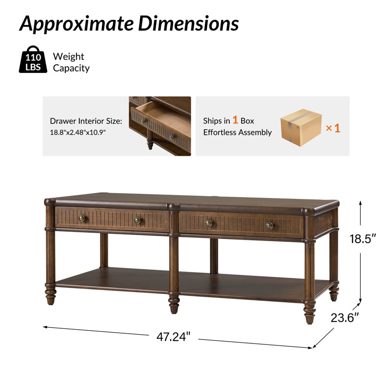 Hoai Derk Transitional 47"W Spindle Fluted Rectangular Storage Coffee Table with Solid Wood Drawers, Walnut