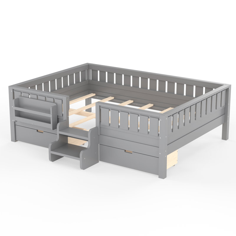 Grand lit pour enfants avec tablettes intégrées et tiroirs de rangement, escalier de sécurité et garde-corps, gris, Queen
