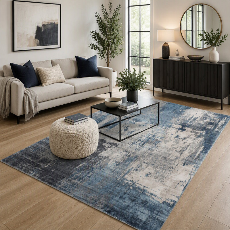 Tapis moderne et abstrait bleu, 9 x 12, durable et à poils courts pour les endroits très passants et la décoration élégante