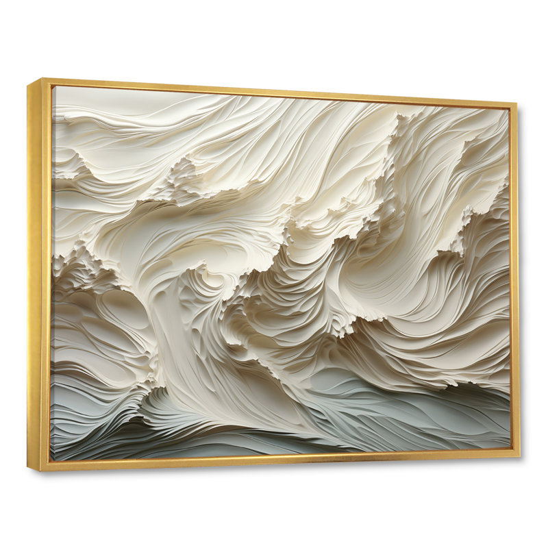 «White and Blue Wave Papercut Style II» - art mural vagues côtières, H 34 po x l 44 po x P 1,5 po, Cadre flottant doré