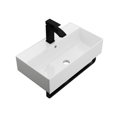 21"X12" Wall-Mounted Rectangular Ceramic Bathroom Sink With Black Towel Bar & Overflow, Black Faucet