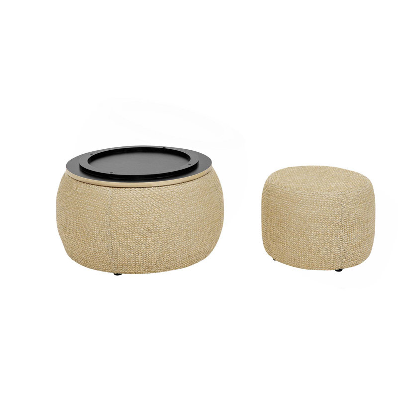 Round Storage Ottoman,Woven Rattan Fabric Ottoman,2 In 1 Function,Work As End Table And Ottoman,With Small Seat-Nature