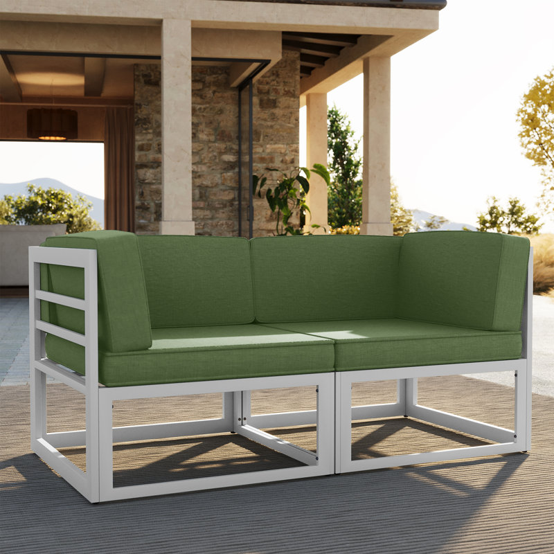 2-Piece Aluminum Outdoor Patio Sofa Corner Chair With Cushions (Set of 2), Cream, Green