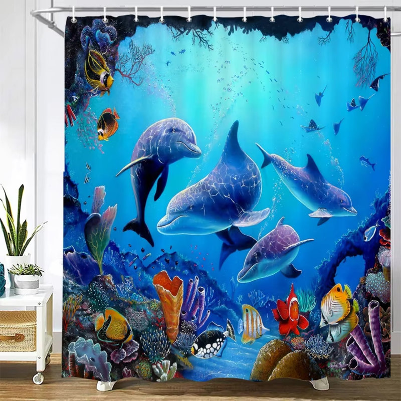 Ensemble de rideau de douche bleu pour salle de bain en polyester à motif de dauphins sous l'eau 70 * 70 pouces