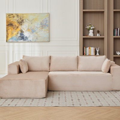 Velours côtelé modulaire minimaliste en forme de L sans os beige, méridienne confortable, siège profond pour siège de compression, canapé-lit