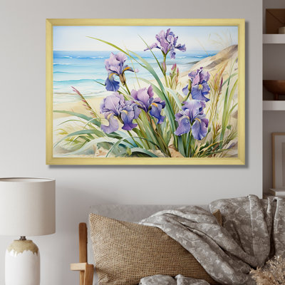 Iris mauves sur la plage, impression sur toile