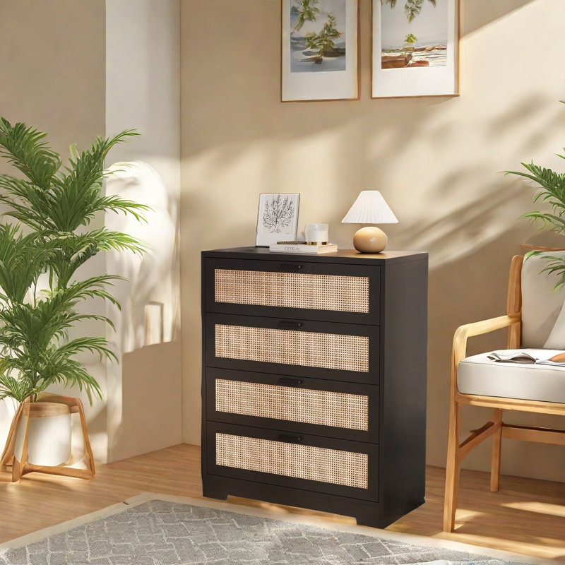 Commode 4 tiroirs, commode en rotin avec prises de courant, Noir, noir, noir, noir
