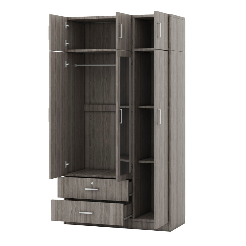 Armoire à miroir 3 portes avec 2 tiroirs et armoire supérieure, Gris