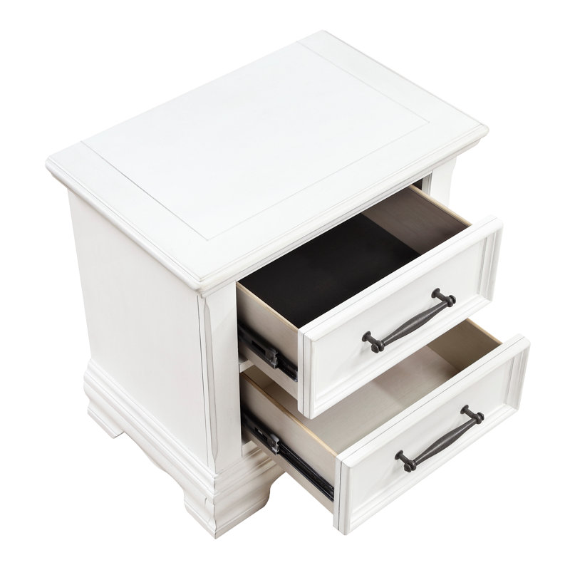 Charmante table de chevet à 2 tiroirs à finition blanche avec poignées noires et table de chevet classique
