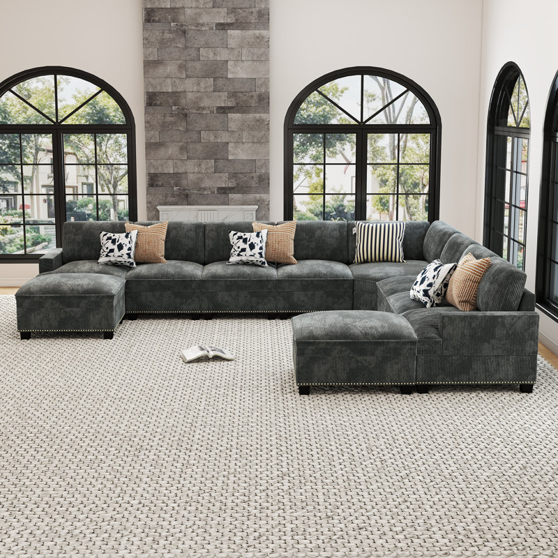10-Piece Modern Spacious Corduroy Corner Sectional Sofa, Cloud Couch With Chaise & Nailhead Trim, Gray Corduroy