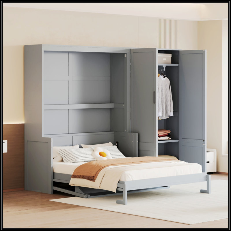Grand lit escamotable mural avec placard, Gris